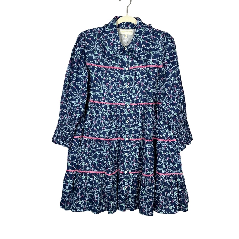 Simply Southern Navy Blue Bow Print Tiered Mini Dress with Pockets NWT Size M